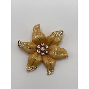 Nolan Miller Vintage Aspen Enameled Flower Brooch Pin Gold Tone Clear Rhinestone